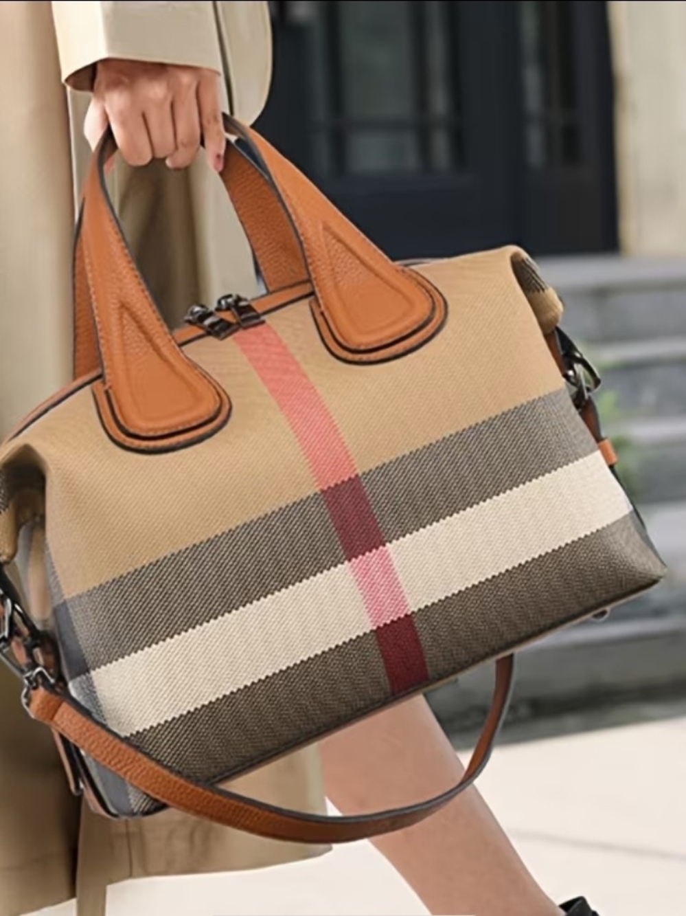 Women's Vintage Plaid Boston Bag with Detachable Strap Red, Black Tan Cream - Picture 2 of 9